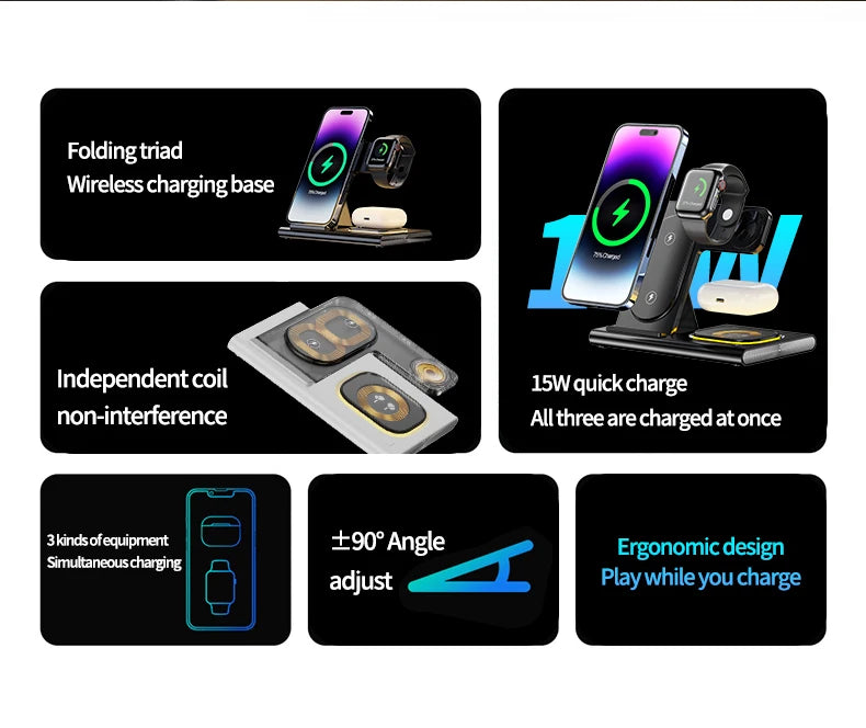 Suporte Carregador 3 em 1 – Carregue iPhone, Samsung e Acessórios com Facilidade